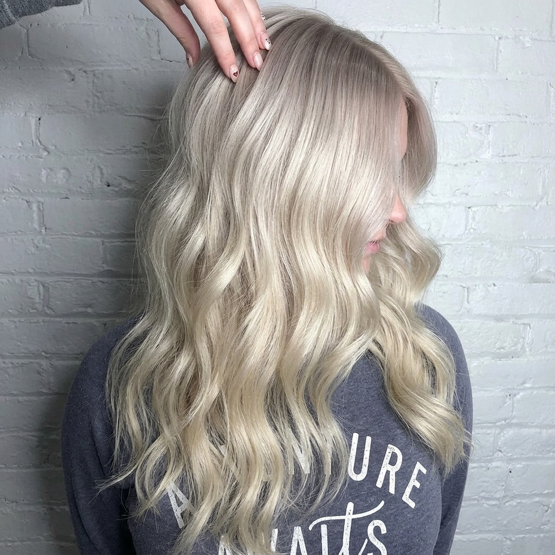 Icy platinum blonde with a soft shadow root, cool toned blonde colour work in Utah.